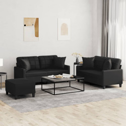 3 Pcs conjunto de sofás com almofadas couro artificial preto