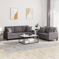 2 Pcs conjunto de sofás com almofadas couro artificial cinzento