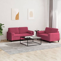 2 Pcs conjunto de sofás com almofadas veludo vermelho-tinto