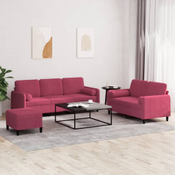 3 Pcs conjunto de sofás com almofadas veludo vermelho-tinto