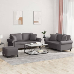 3 Pcs conjunto de sofás com almofadas couro artificial cinzento