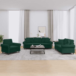 3 Pcs conjunto de sofás com almofadas veludo verde-escuro