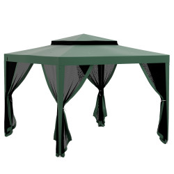 Pérgola de jardim com 4 mosquiteiras teto duplo 8 orifícios de drenagem e estrutura de metal 297x297x268 cm verde
