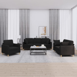 3 Pcs conjunto de sofás com almofadas tecido preto