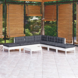 8 Pcs conjunto lounge de jardim c/ almofadões pinho branco
