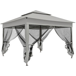 Tenda dobrável exterior 325x325x270 cm tenda de jardim com teto duplo rede mosquiteira amovível e bolsa de transporte cinzento