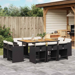 11 Pcs conjunto de jantar p/ jardim c/ almofadões vime PE preto