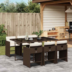 7 Pcs conjunto jantar p/ jardim c/ almofadões vime PE castanho