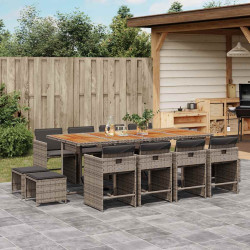13 Pcs conjunto jantar p/ jardim c/ almofadões vime PE cinzento