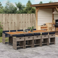 11 Pcs conjunto jantar p/ jardim c/ almofadões vime PE cinzento