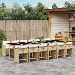 13 Pcs conjunto de jantar p/ jardim com almofadões vime PE bege
