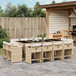 13 Pcs conjunto de jantar p/ jardim com almofadões vime PE bege