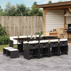 13 Pcs conjunto de jantar p/jardim com almofadões vime PE preto