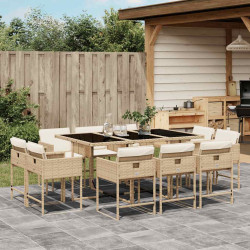 11 Pcs conjunto de jantar p/ jardim com almofadões vime PE bege
