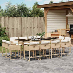 13 Pcs conjunto de jantar p/ jardim com almofadões vime PE bege