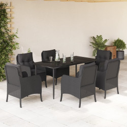 7 Pcs conjunto de jantar p/ jardim c/ almofadões vime PE preto