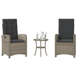 3 Pcs conjunto bistrô com almofadões vime PE cinza