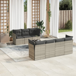 8 Pcs conj. sofás jardim c/ almofadões vime PE cinzento-claro