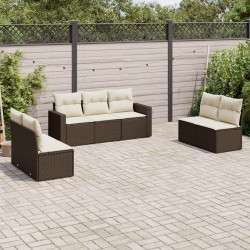 7 Pcs conjunto de sofás jardim c/ almofadões vime PE castanho