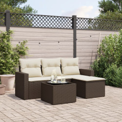 5 Pcs conjunto sofás p/ jardim c/ almofadões vime PE castanho