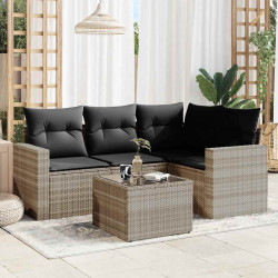 5 Pcs conj. sofás jardim c/ almofadões vime PE cinzento-claro