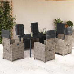 7 Pcs conjunto de jantar p/ jardim c/ almofadões vime PE cinza