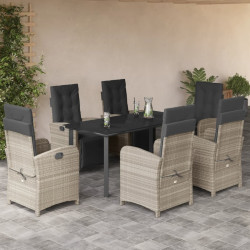 7 Pcs conj. jantar p/ jardim c/ almofadões vime PE cinza-claro