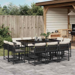 11 Pcs conjunto de jantar p/ jardim c/ almofadões vime PE preto