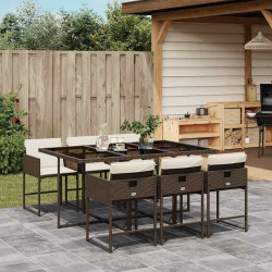 7 Pcs conjunto jantar p/ jardim c/ almofadões vime PE castanho