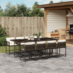 9 Pcs conjunto jantar p/ jardim c/ almofadões vime PE castanho