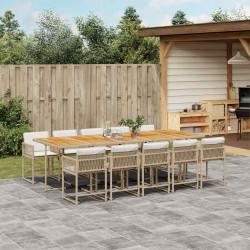 11 Pcs conjunto de jantar p/ jardim com almofadões vime PE bege