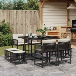 9 Pcs conjunto de jantar p/ jardim c/ almofadões vime PE preto