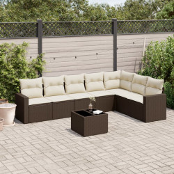 8 Pcs conjunto sofás de jardim c/ almofadões vime PE castanho