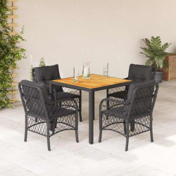 5 Pcs conjunto de jantar p/ jardim c/ almofadões vime PE preto