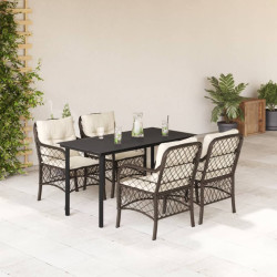 5 Pcs conjunto jantar p/ jardim c/ almofadões vime PE castanho