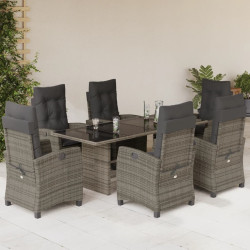 7 Pcs conjunto de jantar p/ jardim c/ almofadões vime PE cinza