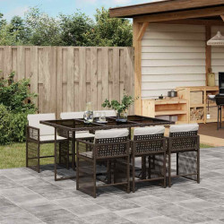7 Pcs conjunto jantar p/ jardim c/ almofadões vime PE castanho