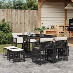 9 Pcs conjunto de jantar p/ jardim c/ almofadões vime PE preto