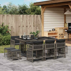 11 Pcs conjunto jantar p/ jardim c/ almofadões vime PE cinzento