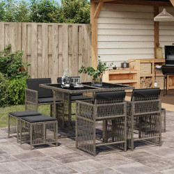 9 Pcs conjunto de jantar p/ jardim c/ almofadões vime PE cinza