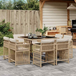 9 Pcs conjunto de jantar p/ jardim com almofadões vime PE bege
