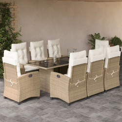 9 Pcs conjunto de jantar p/ jardim com almofadões vime PE bege