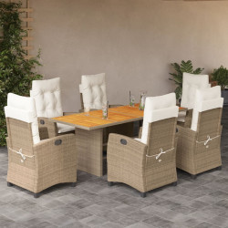 7 Pcs conjunto de jantar p/ jardim com almofadões vime PE bege