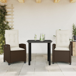 3 Pcs conjunto jantar p/ jardim c/ almofadões vime PE castanho
