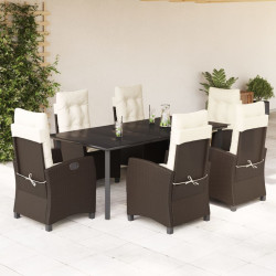 7 Pcs conjunto jantar p/ jardim c/ almofadões vime PE castanho