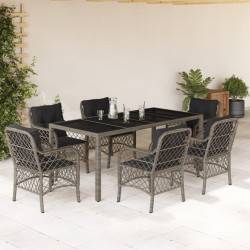 7 Pcs conjunto de jantar p/ jardim c/ almofadões vime PE cinza