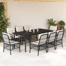 9 Pcs conjunto de jantar p/ jardim c/ almofadões vime PE preto