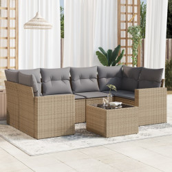 7 Pcs conjunto de sofás p/ jardim com almofadões vime PE bege