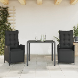 3 Pcs conjunto de jantar p/ jardim c/ almofadões vime PE preto