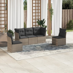 5 Pcs conjunto sofás de jardim c/ almofadões vime PE cinzento